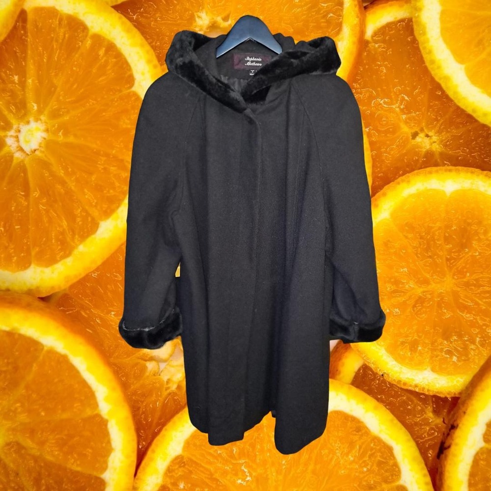 Stephanie Mathews Vintage Black 100% Wool Hooded Coat Faux Fur Trim Small